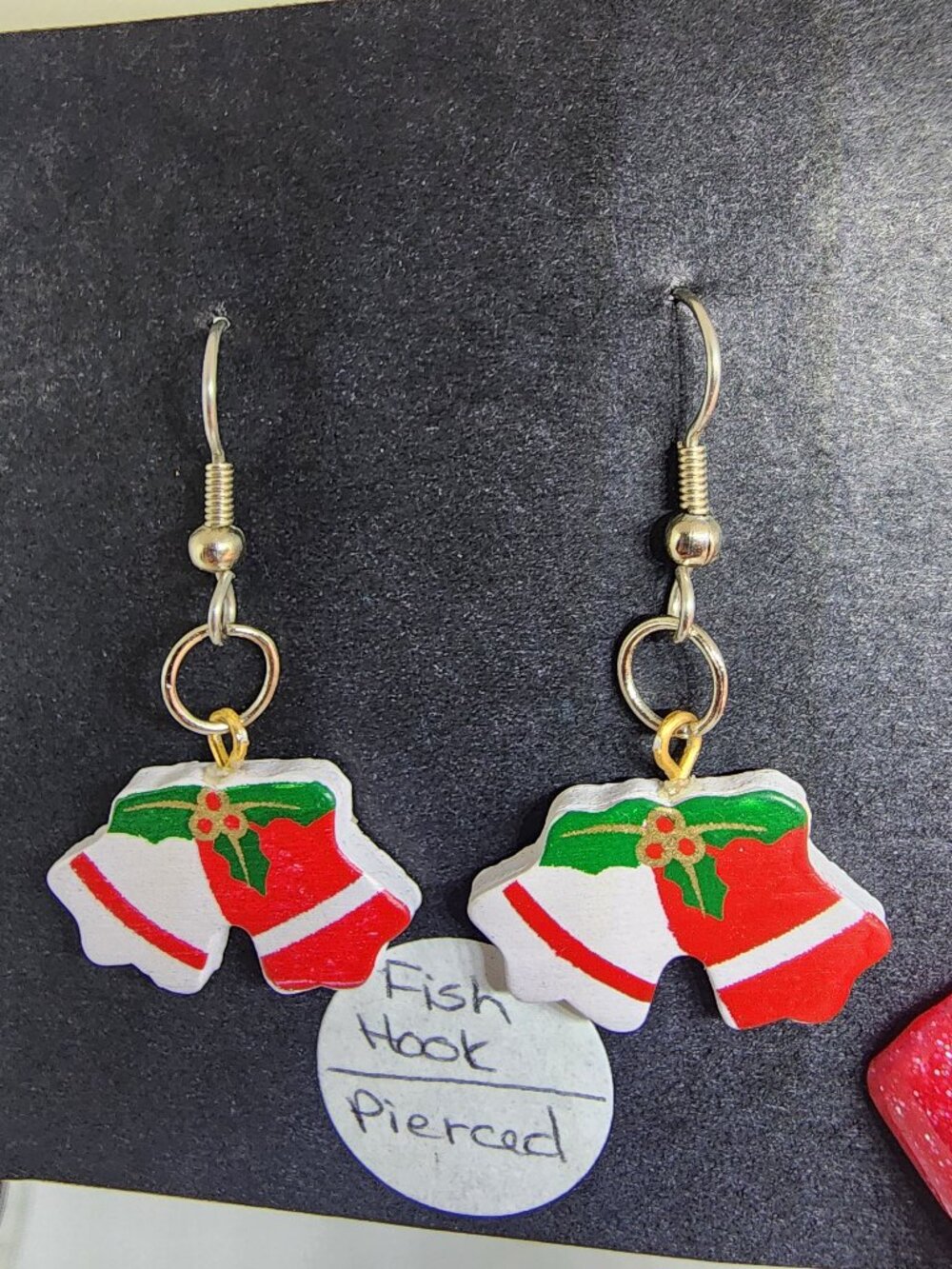 Holiday Christmas Green Red Gold Bells & Holly Handmade Dangle Pierced Earrings